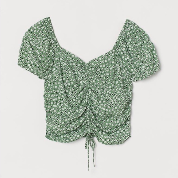 H&M PATTERNED GREEN ROUCHED TOP - Picture 1 of 3